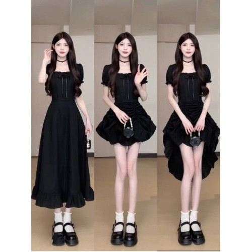 大码法式方领短袖连衣裙