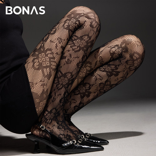 BONAS/宝娜斯性感蕾丝提花连裤袜女黑色镂空网纱袜打底丝袜