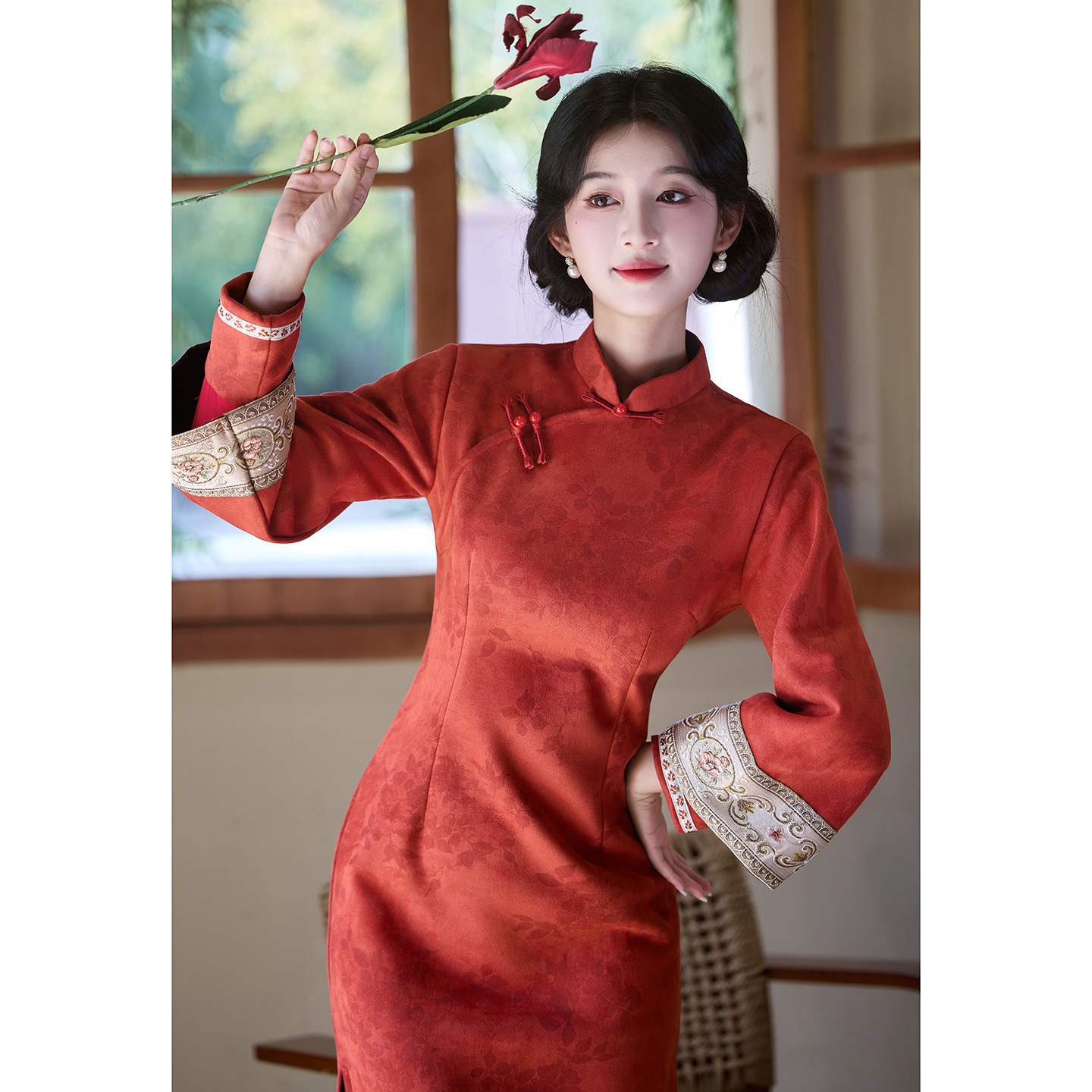 红色冬装旗袍女新中式麂皮绒加绒