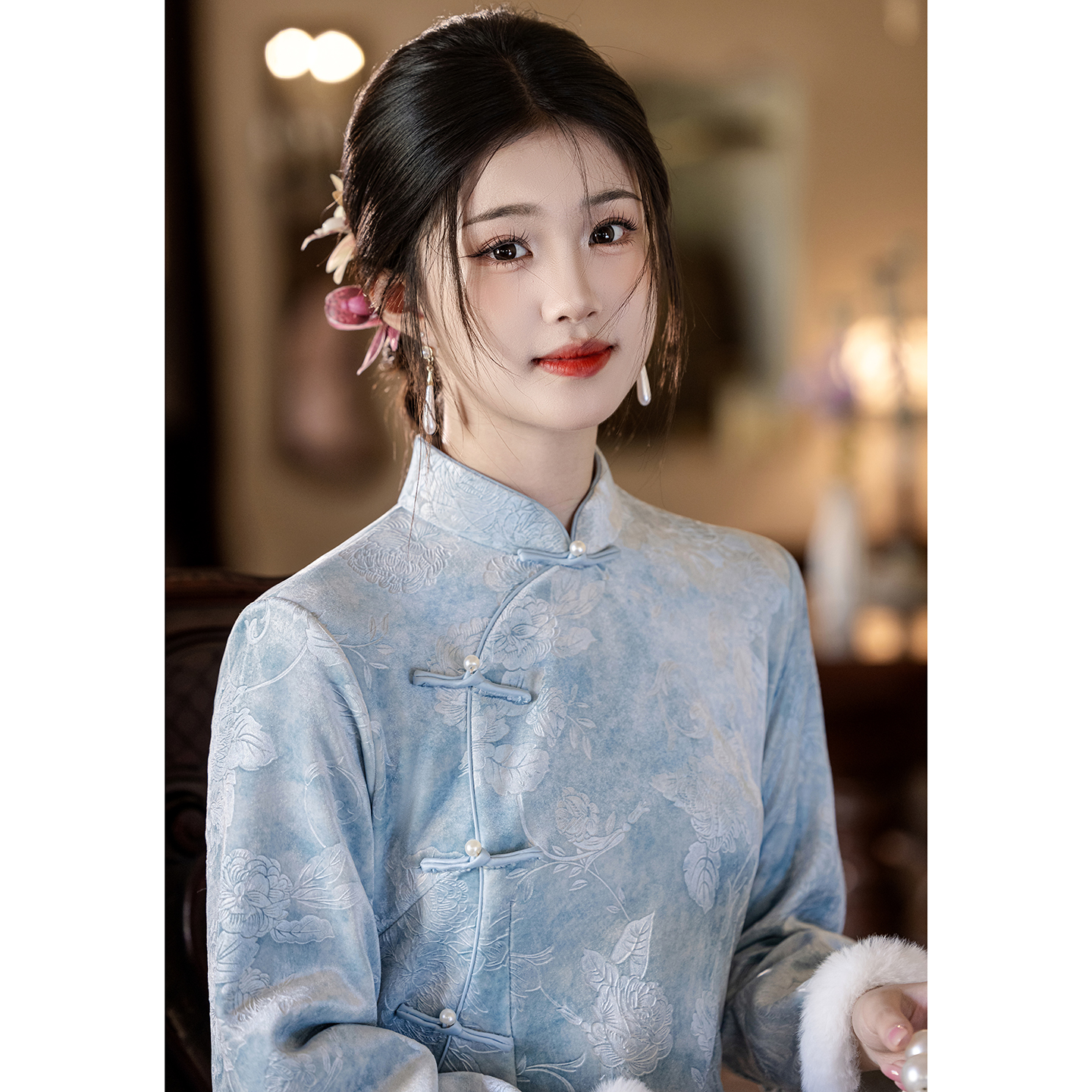 蓝色秋冬印花段加绒旗袍女年轻款