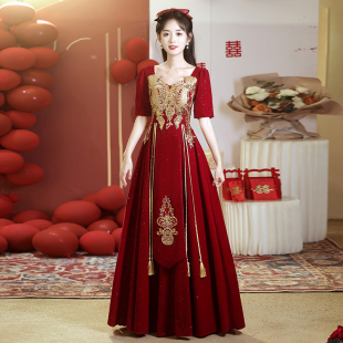 大码 回门礼服 敬酒服新娘高级感红色订婚礼服连衣裙女结婚当天便装
