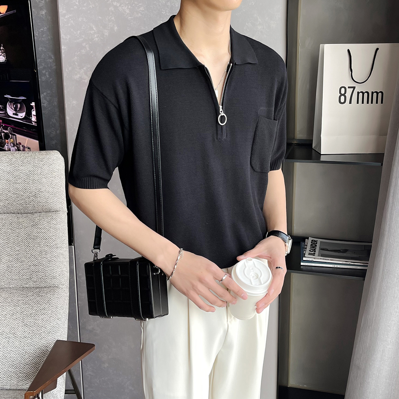 夏季针织polo衫短袖冰丝型男半袖t恤宽松针织衫黑B285-392P78，男装T恤，电商B285