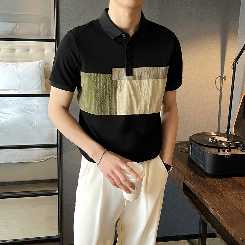 夏季新款潮牌拼接男士polo衫短袖修身翻领半袖黑B285-365P58,男装T恤,电商B285