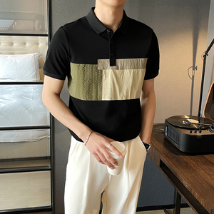 夏季新款潮牌拼接男士polo衫短袖修身翻领半袖黑B285-365P58图片