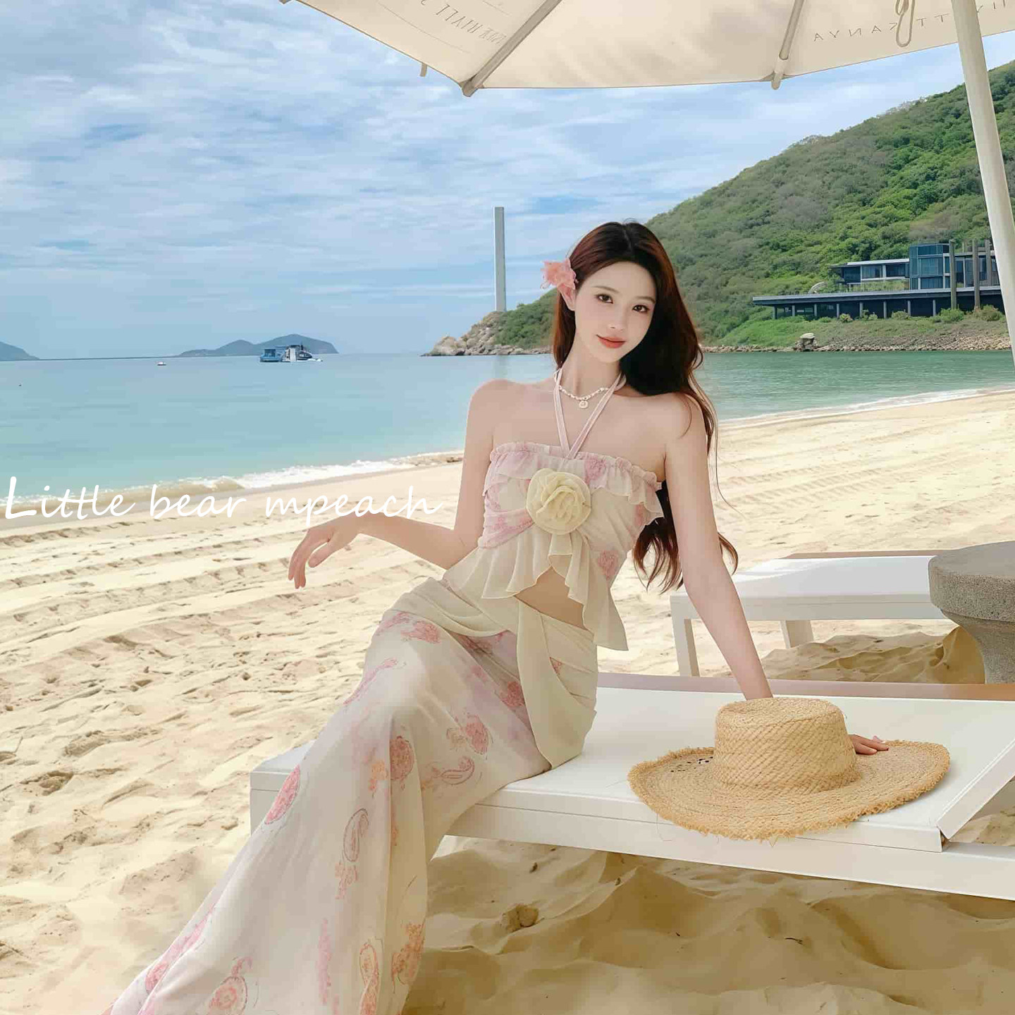 法式度假风花朵挂脖抹胸分体泳衣女韩版荷叶边温泉裙式泳装三件套