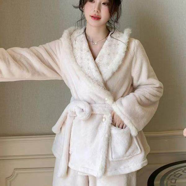 高颜值温柔风秋冬季加厚珊瑚绒睡衣女性感甜美轻奢保暖家居服套装