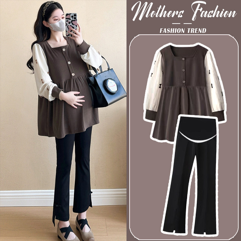 孕妇咖色套装春秋2025新款宽松不显怀小香风娃娃衫上衣裤子两件套