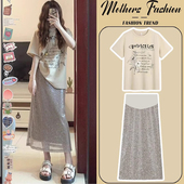 2026新款 上衣时尚 夏季 薄款 宽松洋气半身裙两件套 圆领短袖 孕妇套装