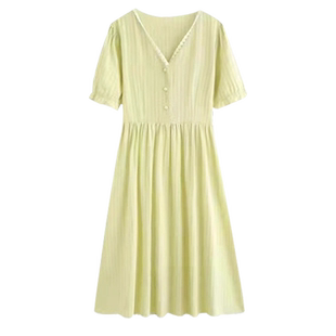 孕妇连衣裙2026新款夏季绿色短袖薄款时尚宽松显瘦减龄V领中长款