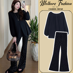 上衣裤 孕期穿搭黑色圆领显瘦娃娃衫 子两件套 春秋2025新款 孕妇套装