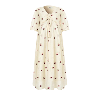 孕妇连衣裙2026新款夏抽绳V领泡泡袖薄款法式时尚宽松遮肚中长款