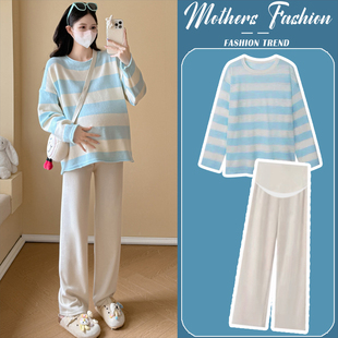 潮妈圆领蓝色条纹圆领毛衣裤 韩版 子两件套女 秋冬2025新款 孕妇套装