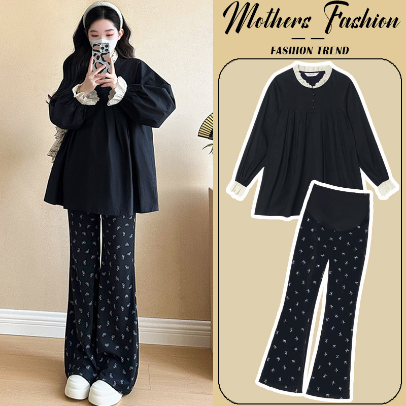 孕妇套装春秋2026新款时尚休闲娃娃领衬衫蕾丝黑色上衣裤子两件套,孕妇装/孕产妇用品/营养,连衣裙,淘宝优惠券,粉丝福利购,淘宝优惠卷