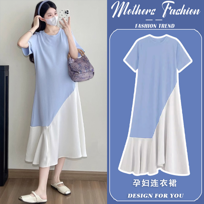 孕妇连衣裙夏季2025新款蓝色休闲