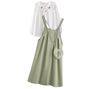 孕妇连衣裙套装时尚洋气时髦绿色背带裙两件套2026新款春秋夏辣妈