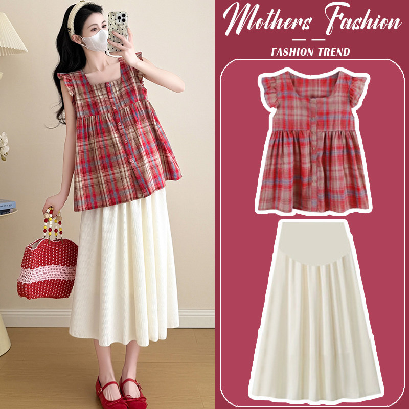 孕妇连衣裙套装夏季2026新款红格子无袖娃娃衫上衣半身裙两件套女,孕妇装/孕产妇用品/营养,连衣裙,淘宝优惠券,粉丝福利购,淘宝优惠卷