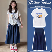 2026新款 上衣时尚 夏季 薄款 宽松半身裙两件套 圆领印花短袖 孕妇套装