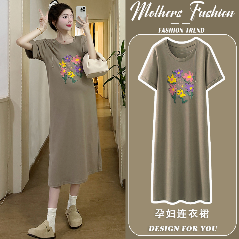 孕妇连衣裙夏咖色一件穿到生