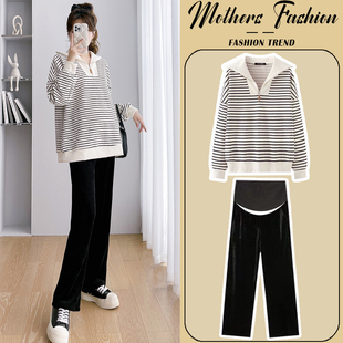 子宽松两件套女 春秋条纹拼接休闲简约百搭卫衣裤 孕妇套装 2025新款