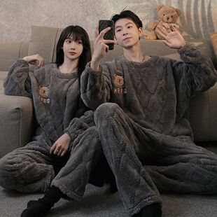 180斤加大码情侣睡衣女秋冬季珊瑚绒加厚加绒法兰绒家居服套装男