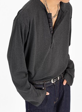 GANGURRU基础百搭亨利领长袖t恤纯色透气亲肤垂感丝滑通勤打底衫