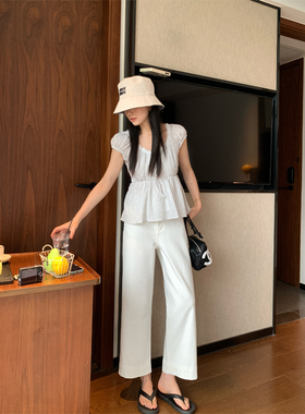 白色 高腰时尚宽松直筒垂感九分牛仔裤女洋派奶白 女士四面弹裤子