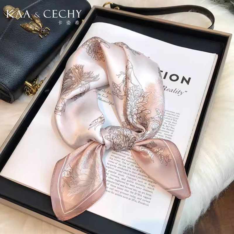 KAACECHY真丝丝巾女新款轻奢韩版百搭气质粉色桑蚕丝小方巾礼盒装