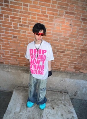 HODGETUNG 美式街头pink slogan标语印花重磅宽松短袖t恤