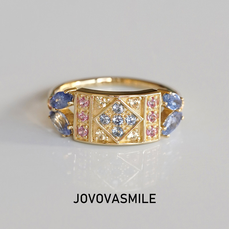 Jovovasmile倩兮天然蓝宝石戒指彩宝纯金复古气质高级感设计女戒