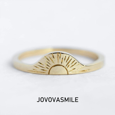 18k黄金太阳戒指手工雕刻素圈