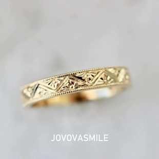 山峰浮雕戒指手工雕刻18k黄金实心时尚情侣对戒可刻字女戒