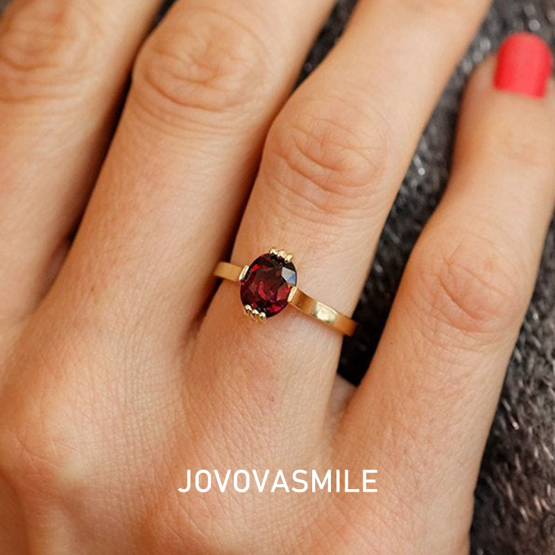椭圆石榴石戒指9K 14k 18k 黄金复古简约设计结婚送礼宝石指环女