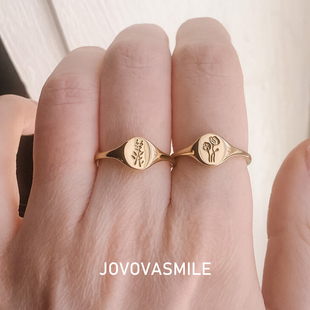 印章戒指18k黄金实心橄榄树枝花丛树叶定制图案免费刻字闺蜜戒指