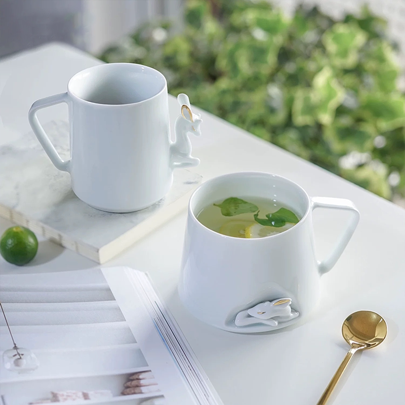 飞形物鹿隐杯白色陶瓷景德镇杯子马克杯水杯情侣高级茶杯小鹿轻奢