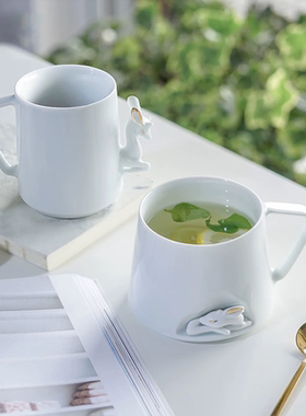 飞形物鹿隐杯白色陶瓷景德镇杯子马克杯水杯情侣高级茶杯小鹿轻奢