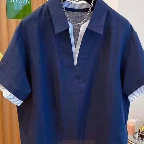 特大码300斤假两件短袖衬衫女夏季韩版情侣款宽松休闲翻领T恤上衣
