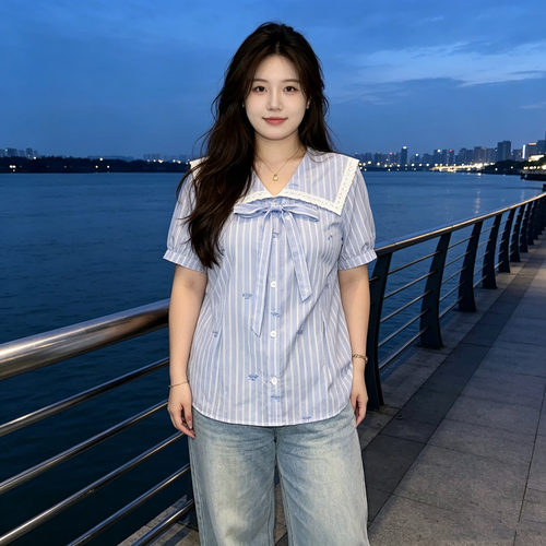 胖mm300斤大码海军领条纹短袖衬衫女夏季正肩宽松休闲高级感上衣