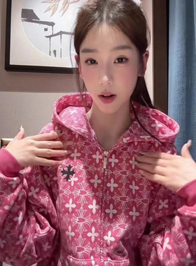 爆款加大码300斤胖MM满印花朵连帽卫衣女秋冬季宽松百搭外套ins潮