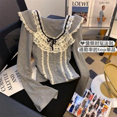 大码女装蕾丝花边方领上衣