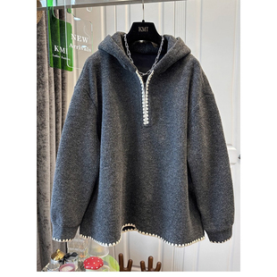韩版大码300斤半拉链连帽加绒卫衣女冬季新款宽松拼接撞色上衣潮