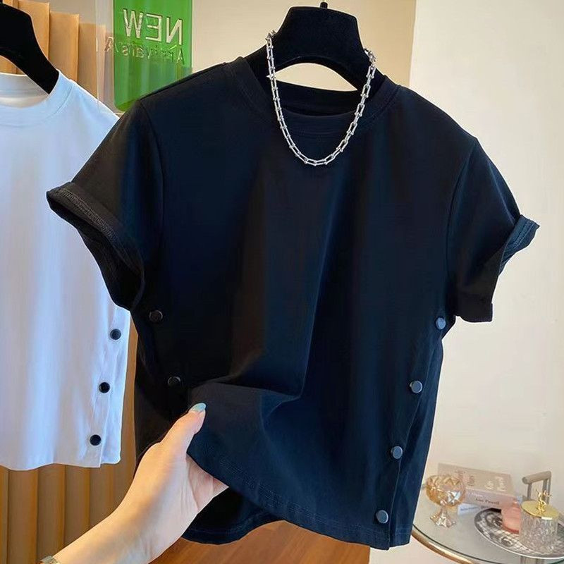 特大码胖mm300斤纯棉夏装新款简约纽扣纯色百搭宽松女短袖t恤