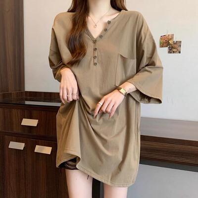 特大码胖mm2-300斤夏季新款中长款V领T恤女短袖宽松大版上衣ins潮