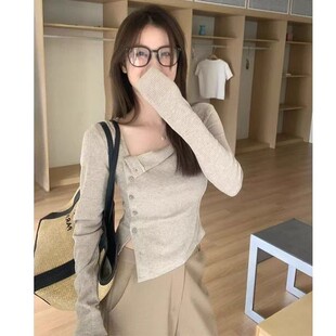 300斤不规则斜领甜酷正肩上衣小众设计感长袖 T恤女 胖mm2 春秋大码