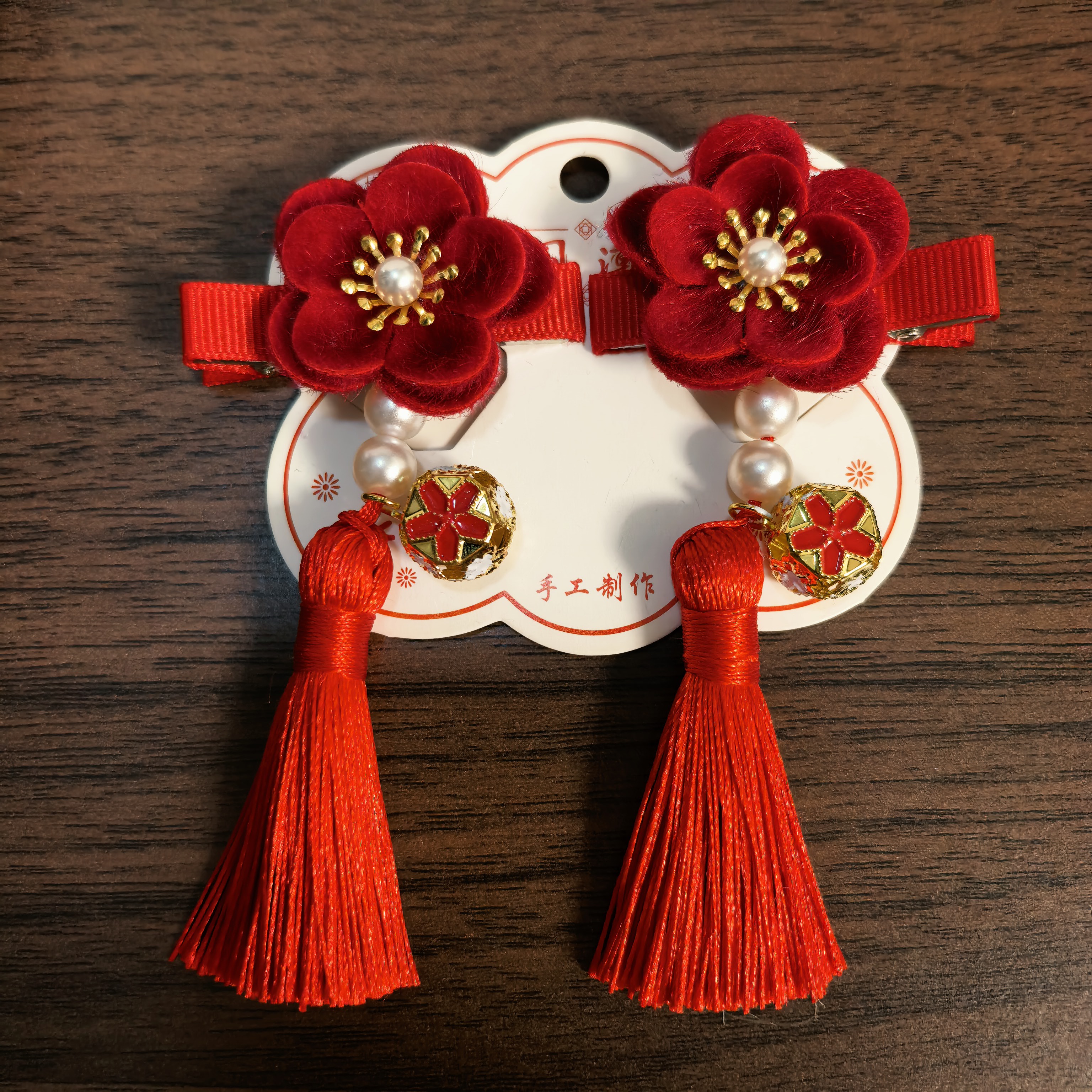 古风发饰女宝宝流苏对夹中国风红色头花女童汉服唐装发夹拜年饰品