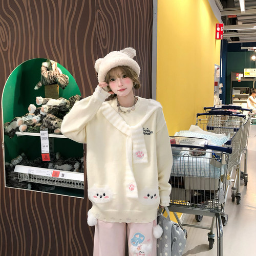 文文不乖原创 秋冬可爱猫咪刺绣披肩领带毛衣女宽松慵懒风针织衫