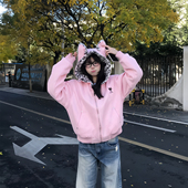 文文不乖原创可爱兔耳保暖棉服男女豹纹内里拉链连帽加绒外套棉衣