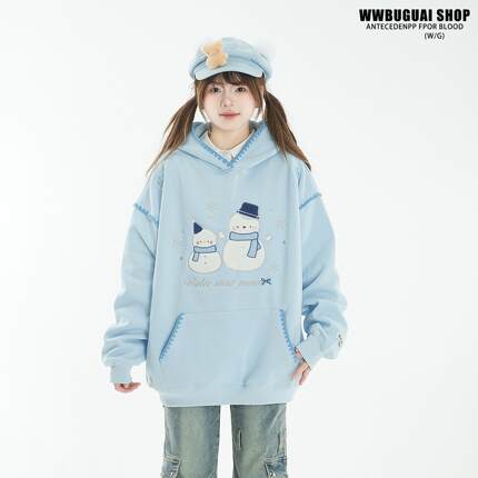 文文不乖 美式复古卡通刺绣雪人连帽卫衣女春季宽松慵懒上衣外套
