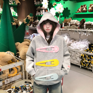 文文不乖美式 卫衣黑色 大发夹子连帽外套男女宽松拉链开衫