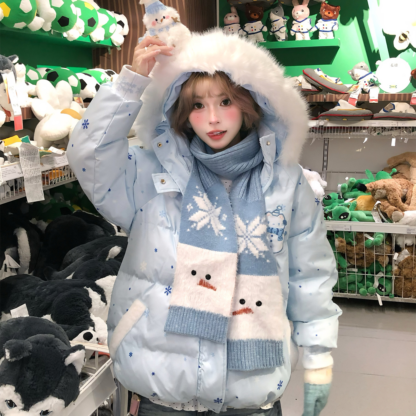 文文不乖原创雪花可爱雪人魔术贴棉服毛领连帽女秋冬季加厚棉衣