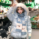 文文不乖原创雪花可爱雪人魔术贴棉服毛领连帽女秋冬季加厚棉衣